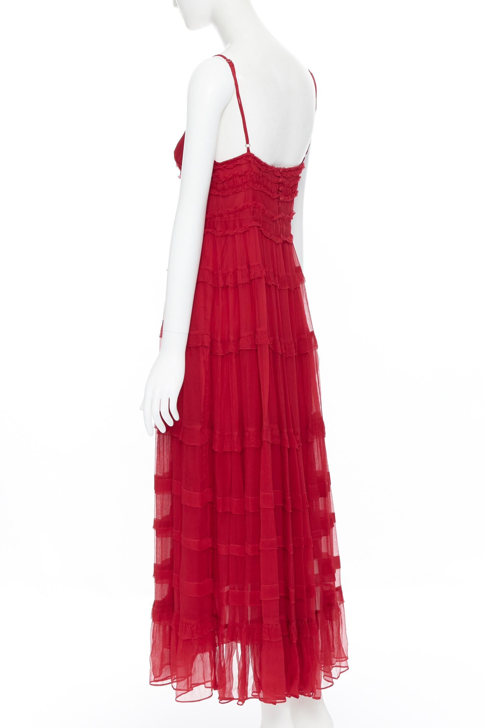 Women's LEE MATTHEWS Eliza  100% silk crepe red V-neck ruffle tiered maxi dress US0 XS
