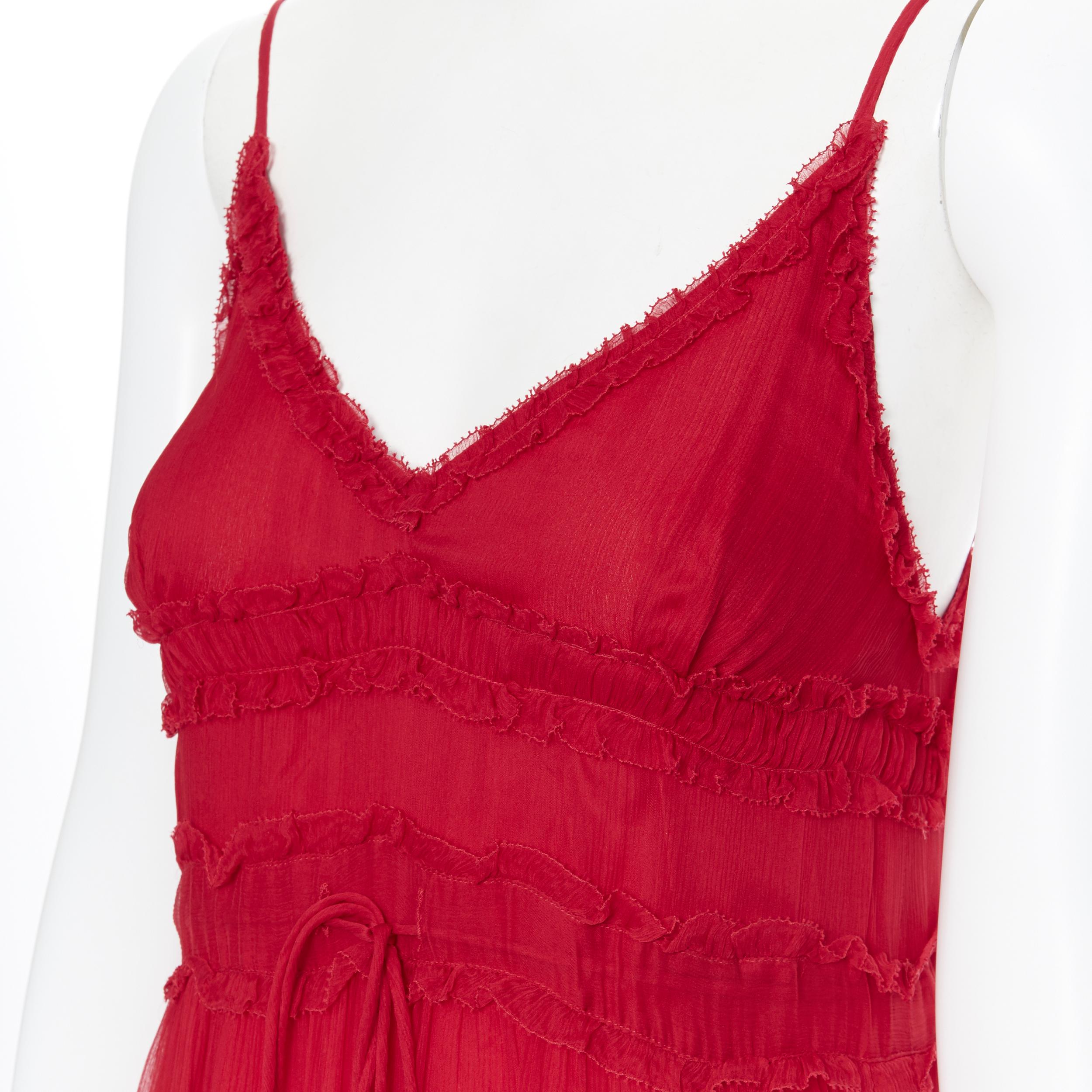 LEE MATTHEWS Eliza  100% silk crepe red V-neck ruffle tiered maxi dress US0 XS 1
