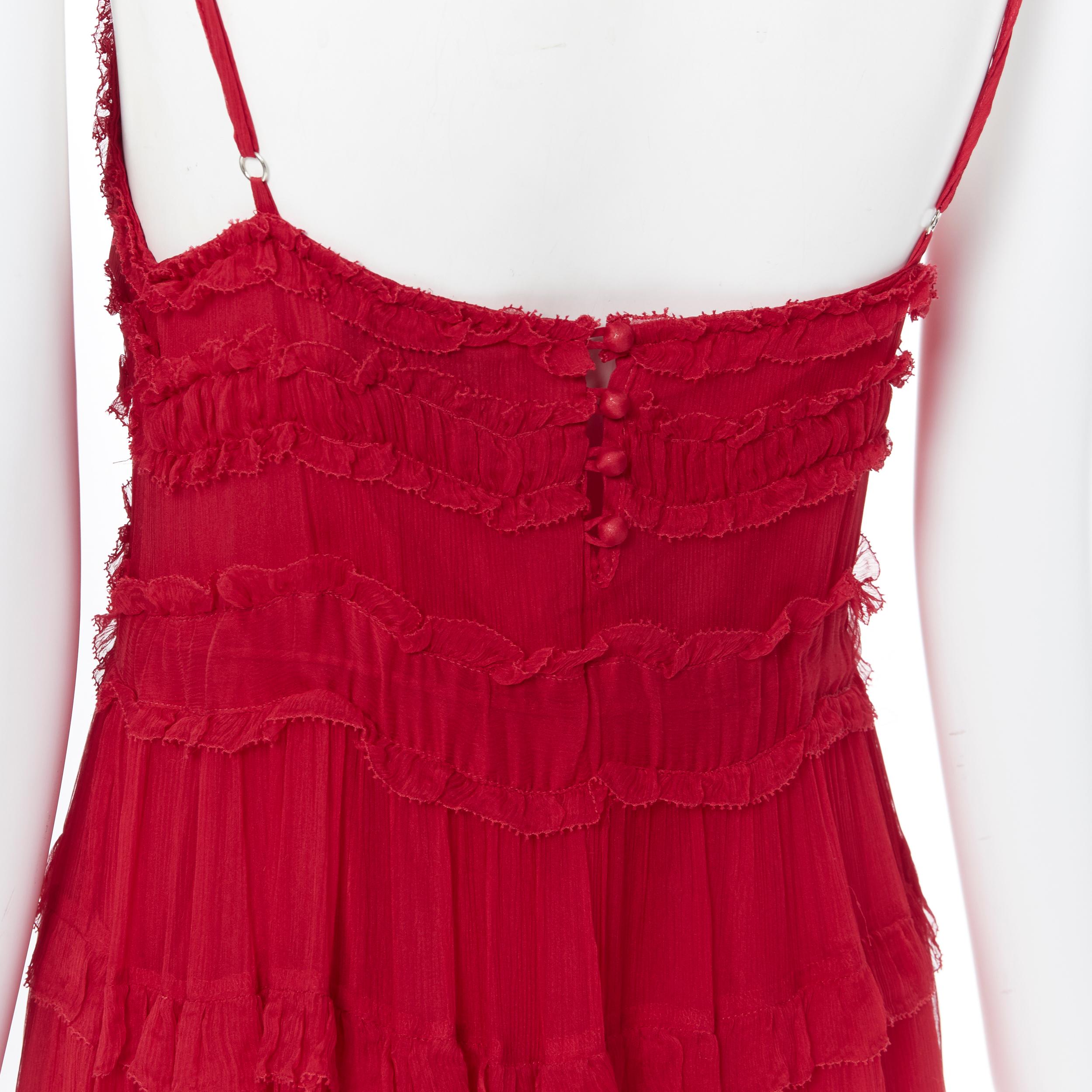 LEE MATTHEWS Eliza  100% silk crepe red V-neck ruffle tiered maxi dress US0 XS 2