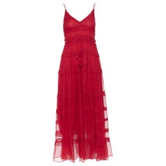 LEE MATTHEWS Eliza  100% silk crepe red V-neck ruffle tiered maxi dress US0 XS