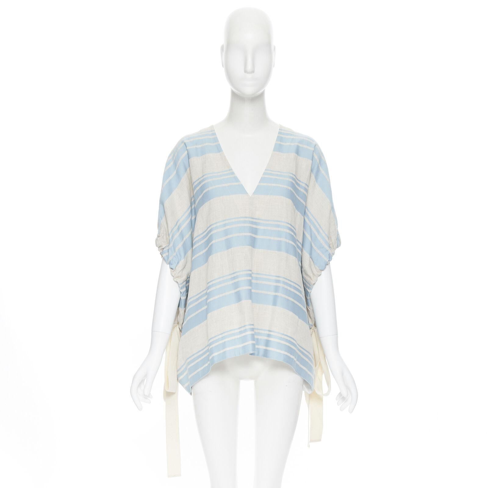 Gray LEE MATTHEWS light grey blue striped linen cotton drawstring poncho top US0 XS For Sale
