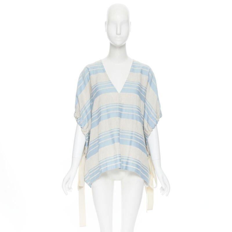 Gray LEE MATTHEWS light grey blue striped linen cotton drawstring poncho top US0 XS For Sale