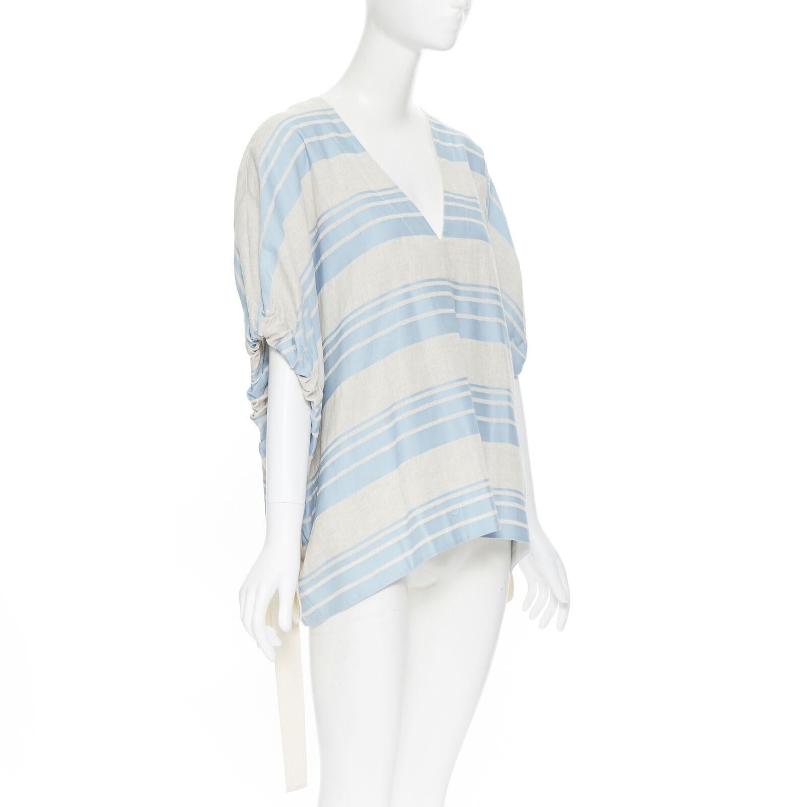 LEE MATTHEWS light grey blue striped linen cotton drawstring poncho top US0 XS In Excellent Condition For Sale In Hong Kong, NT