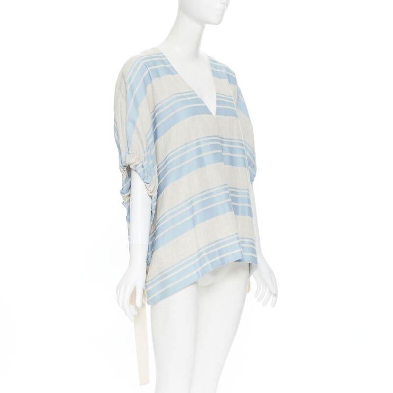 LEE MATTHEWS light grey blue striped linen cotton drawstring poncho top US0 XS In Excellent Condition For Sale In Hong Kong, NT