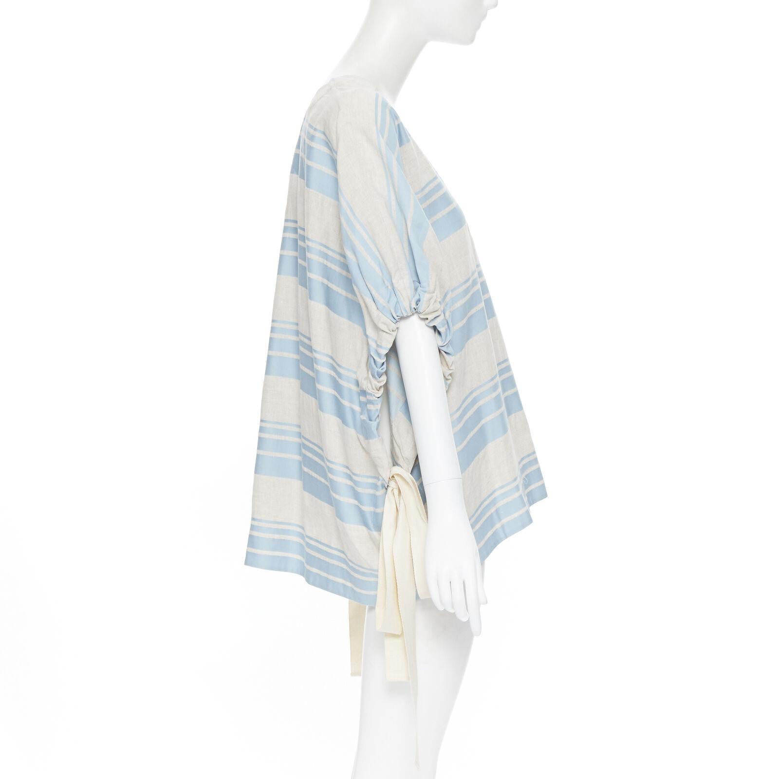Women's LEE MATTHEWS light grey blue striped linen cotton drawstring poncho top US0 XS For Sale