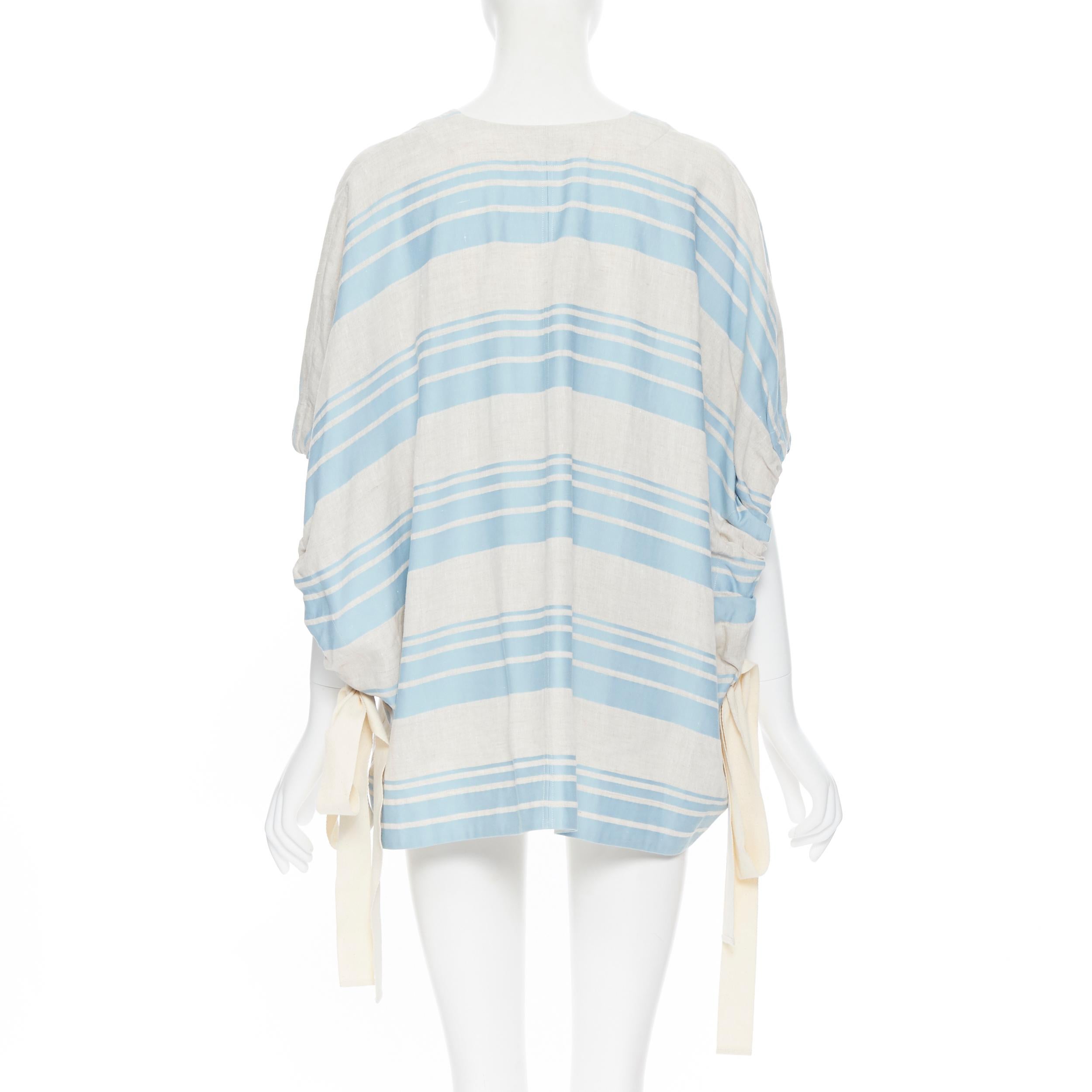 Women's LEE MATTHEWS light grey blue striped linen cotton drawstring poncho top US0 XS