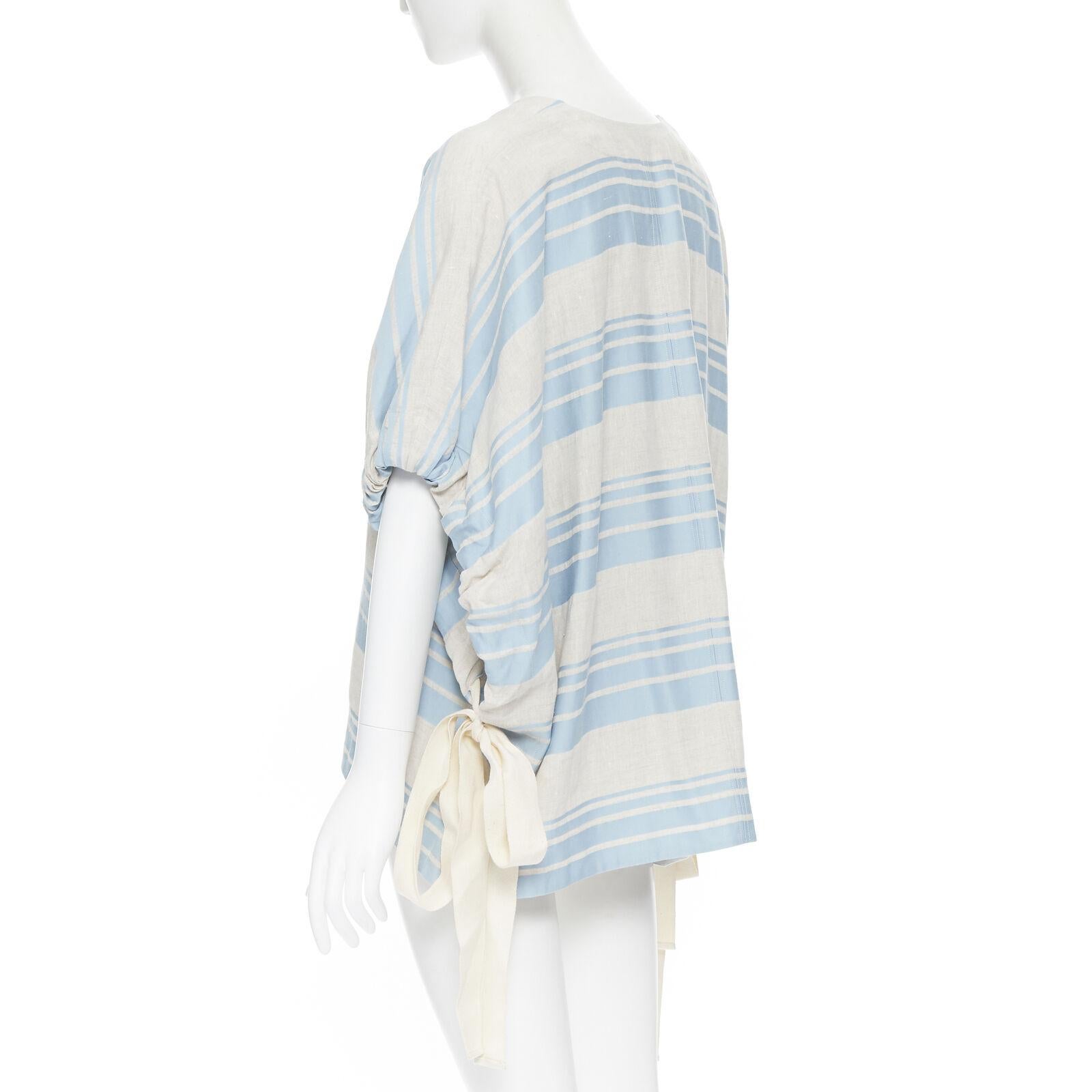 LEE MATTHEWS light grey blue striped linen cotton drawstring poncho top US0 XS For Sale 2