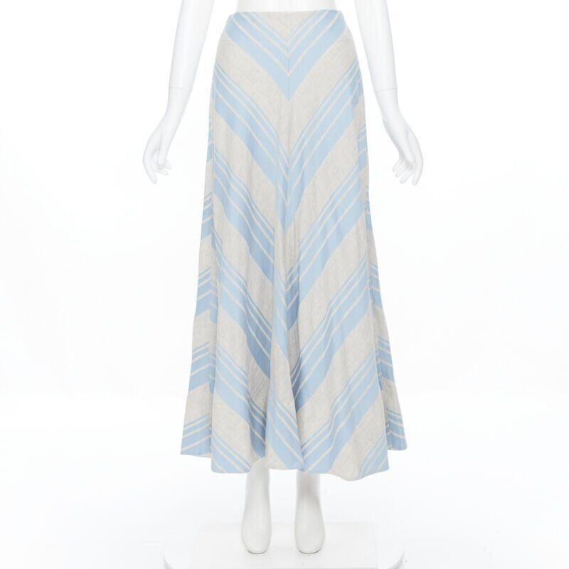 Gray LEE MATTHEWS light grey blue striped linen cotton flared midi casual skirt US0 For Sale