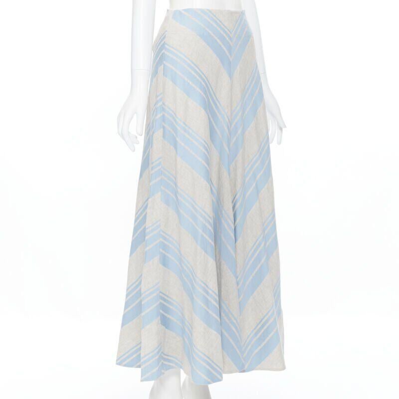 LEE MATTHEWS light grey blue striped linen cotton flared midi casual skirt US0 In Excellent Condition For Sale In Hong Kong, NT