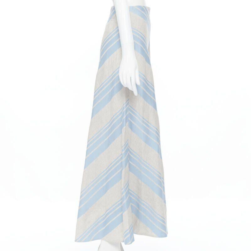 Women's LEE MATTHEWS light grey blue striped linen cotton flared midi casual skirt US0 For Sale