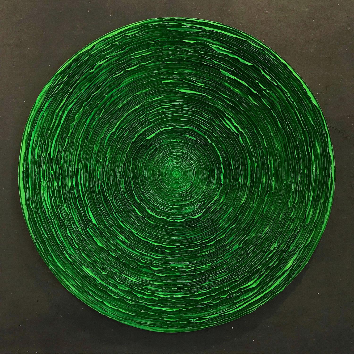 Abstract Painting de Lee Ok-nam - "Ola (verde esmeralda)" Pintura contemporánea en técnica mixta sobre panel de papel de arroz