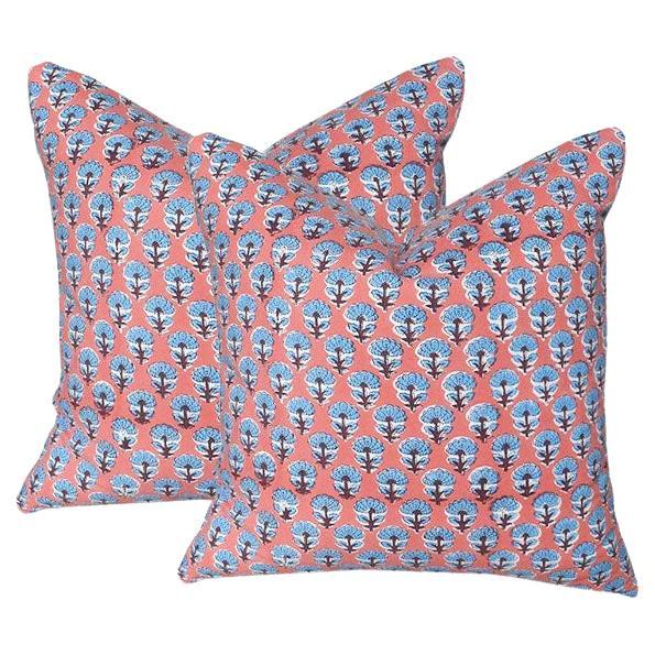 Lee Radziwill Inspired Block Print Down Flower Motif Pillow in Pink, India For Sale