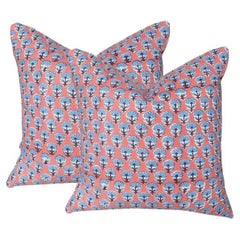 Lee Radziwill Inspired Block Print Down Flower Motif Pillow in Pink, India