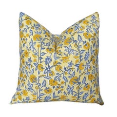 Lee Radziwill Inspired Block Print Down Flower Motif Pillow in Yellow, India