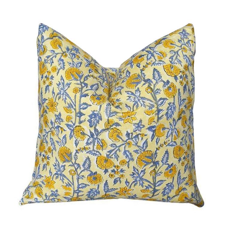 Bring a taste of the Orient to any space with one of our custom-created square Indian block print down filled pillows. Each pillow is made of soft cotton and hand block printed by our artisans in India. Set on a pale yellow background, pigmented