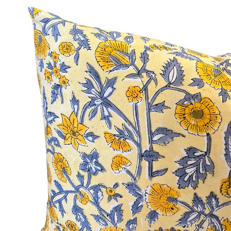 British Colonial Lee Radziwill Inspired Block Print Down Flower Motif Pillow in Yellow, India For Sale