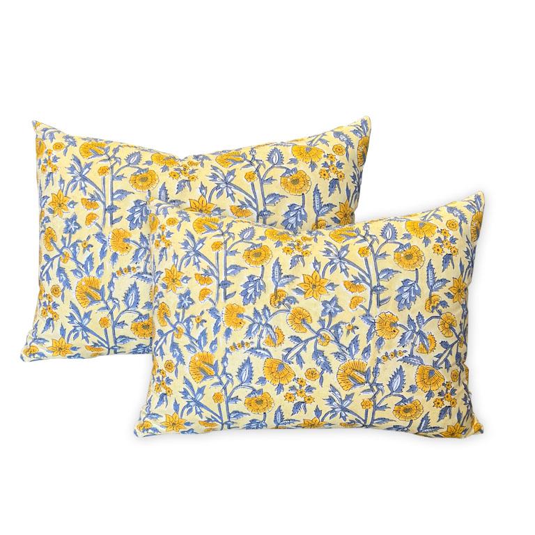Indian Lee Radziwill Inspired Block Print Down Flower Motif Pillow in Yellow, India For Sale