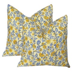 Lee Radziwill Inspired Block Print Down Flower Motif Pillow in Yellow, India