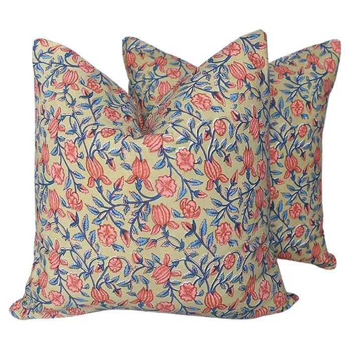 Lee Radziwill Inspired Block Print Down Pink Lotus Flower Motif Pillow, India For Sale