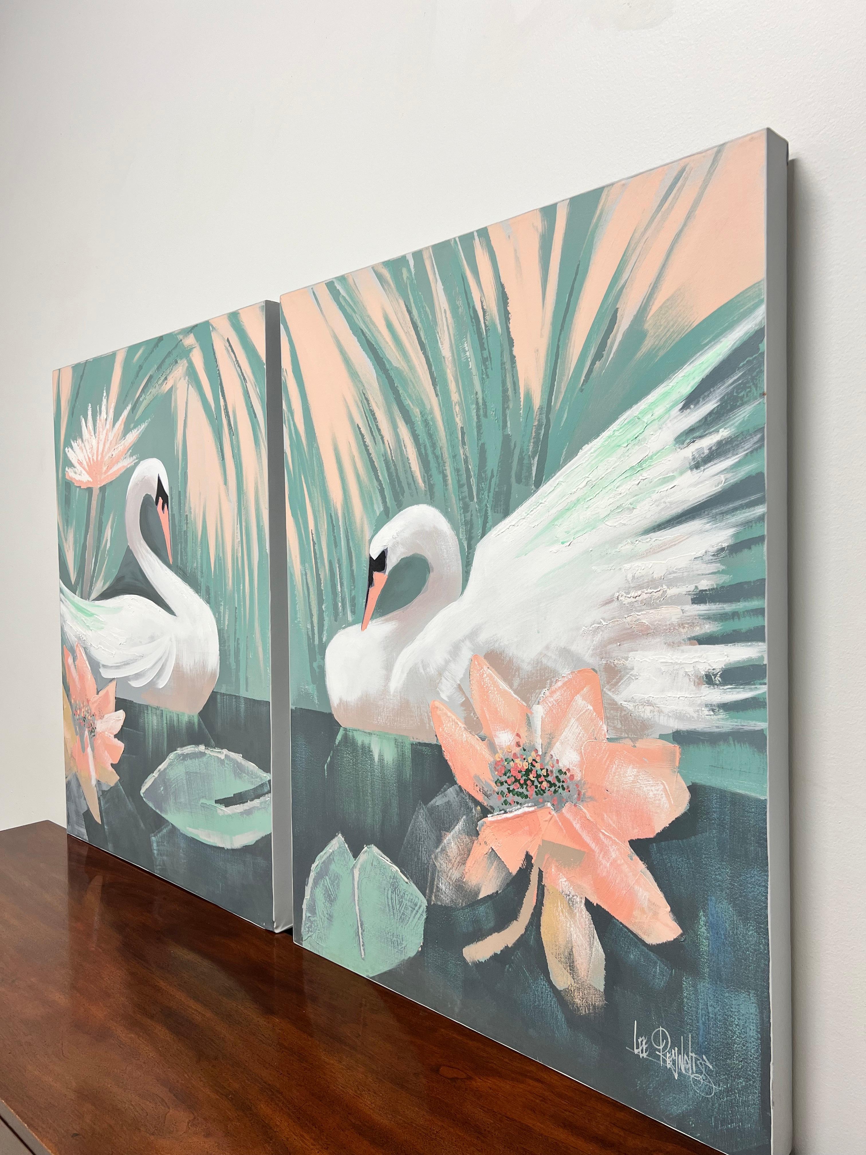 A pair of companion original oil paintings on canvas, circa 1960's. Untitled, (Swans in Tropics). Signed, 