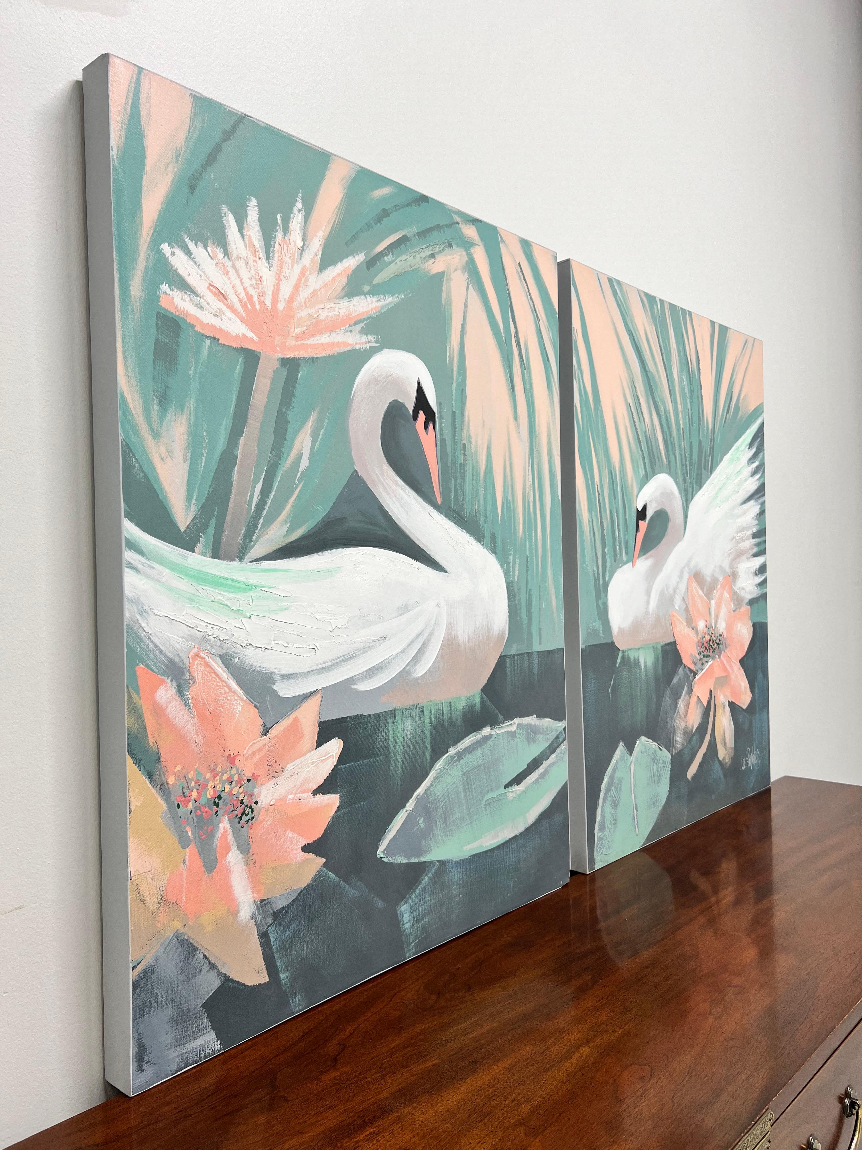 Autre LEE REYNOLDS Peintures originales à l'huile sur toile des années 1960 - Swans - Paire en vente