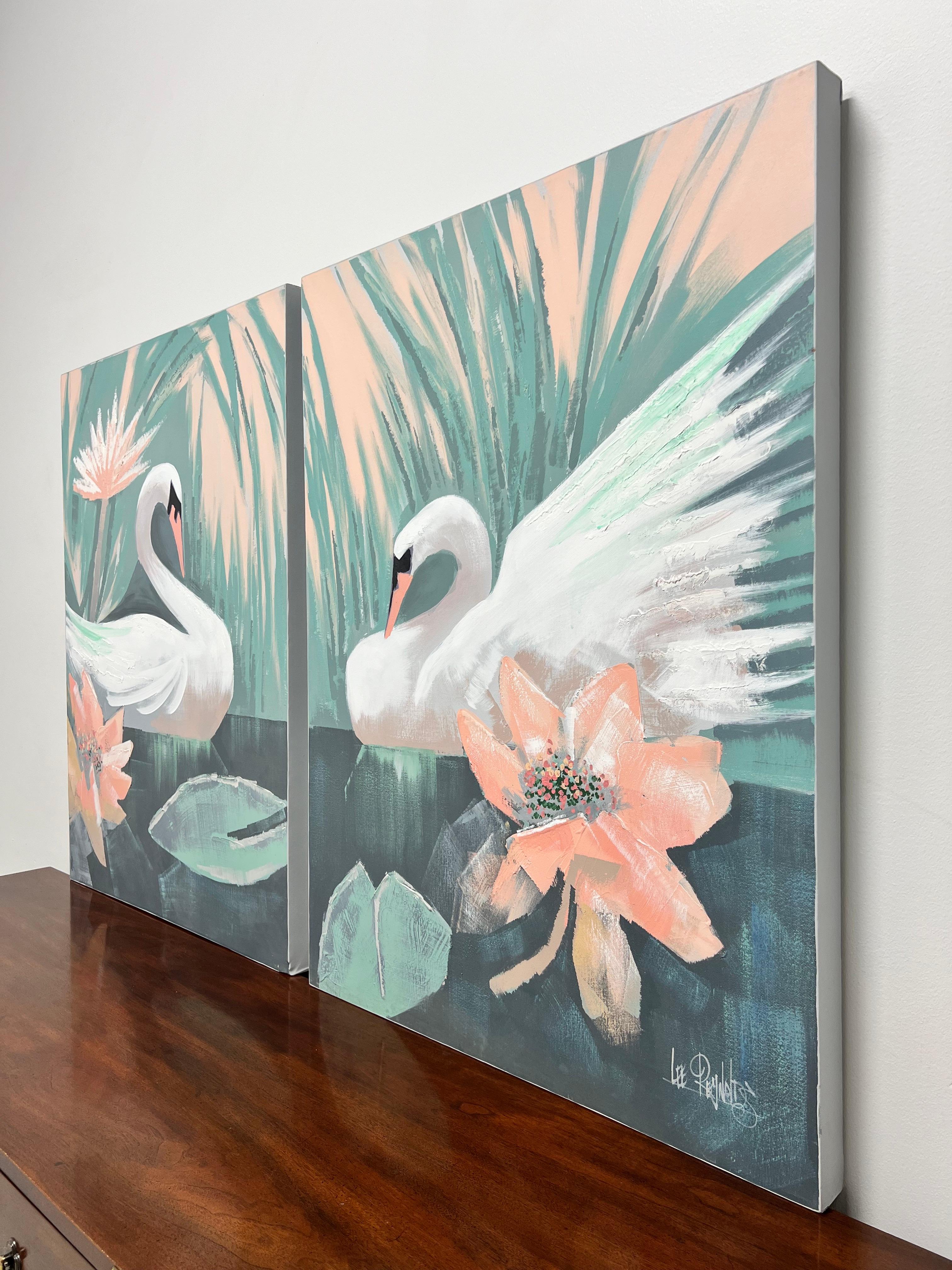 Américain LEE REYNOLDS Peintures originales à l'huile sur toile des années 1960 - Swans - Paire en vente