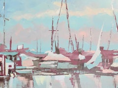 Lee Reynolds Abstract Nautical Impressionist Painting Boats in Harbor at Dusk