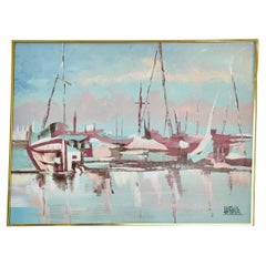 Lee Reynolds Abstract Nautical Impressionist Painting Boats in Harbor at Dusk