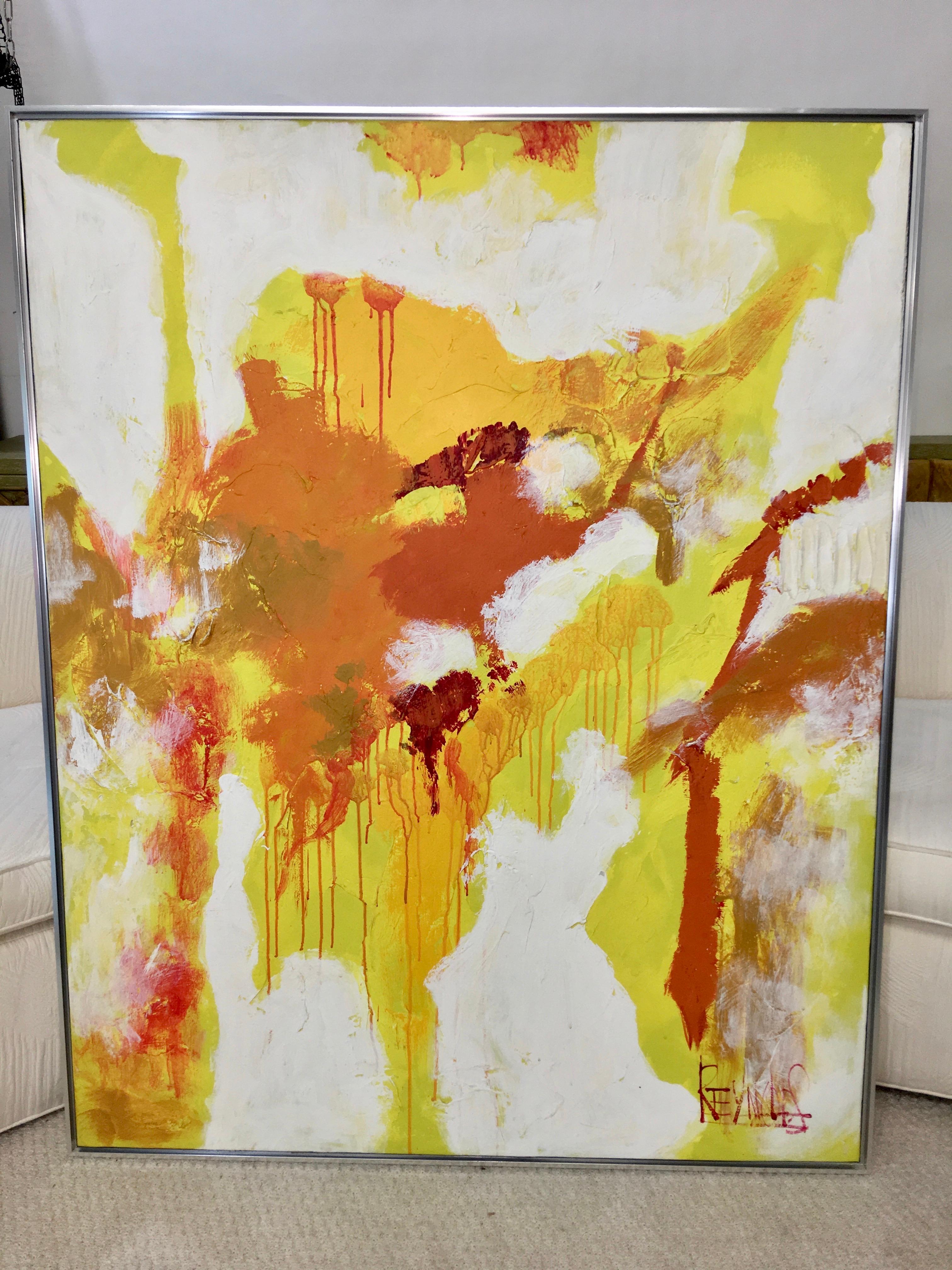 1960s oil on canvas abstract painting signed 'Reynolds'. This large scale artwork features a bright white ground with vivid yellow, orange, red and pink textured palette knife detail. See the obituary for Lee Reynolds Burr for the history of his