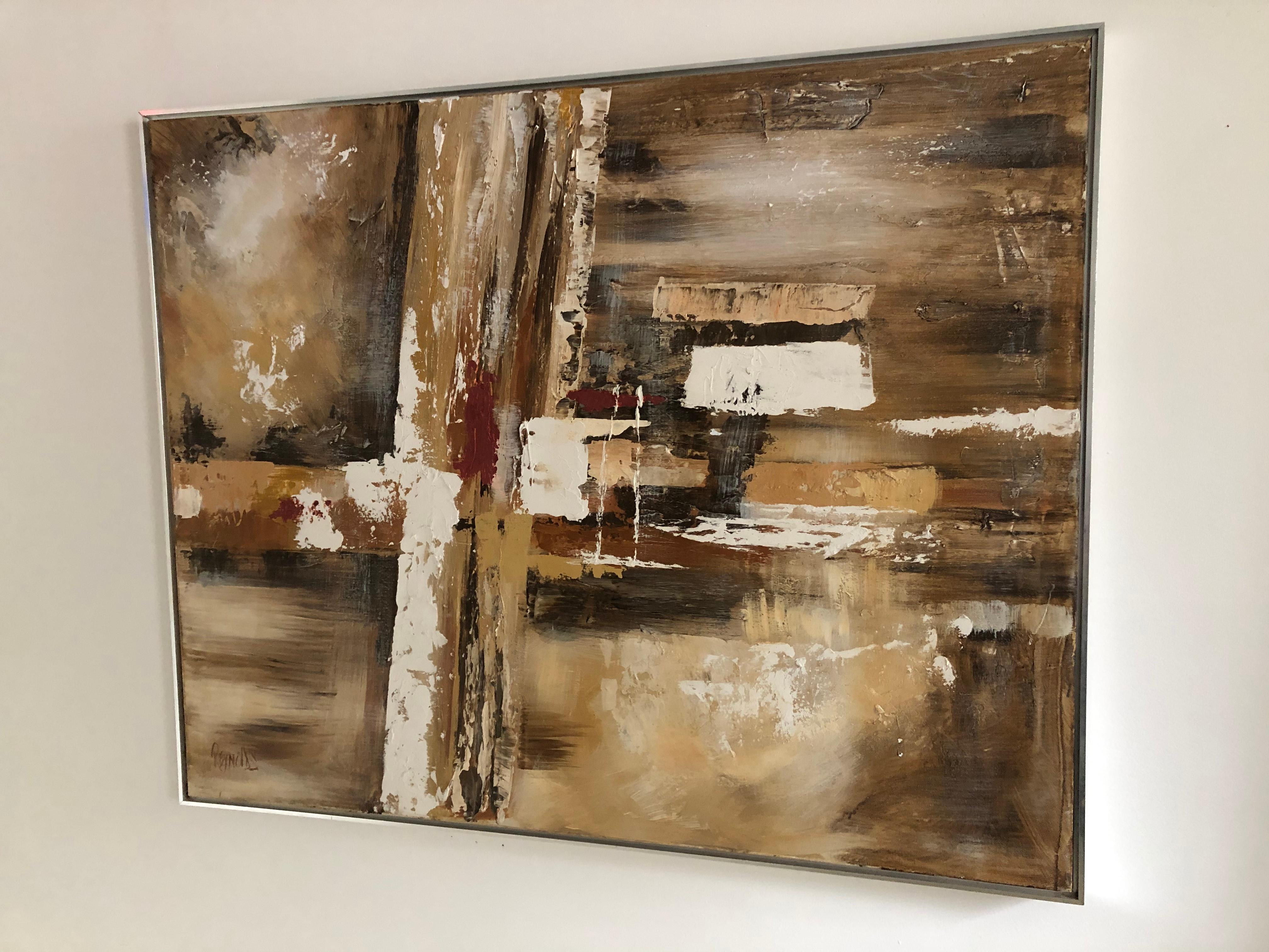 Large Lee Reynolds abstract oil painting circa 1960s for Vanguard Studios original tag to back with a polished aluminum original frame.