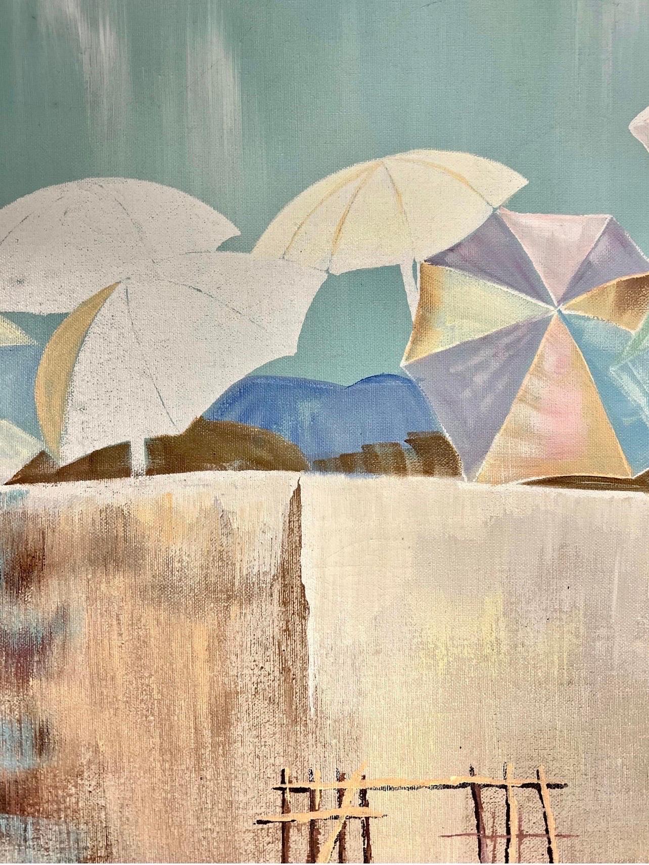 Peinture à l'huile originale de Lee Reynolds sur toile représentant une scène de restaurant de plage ou de front de mer avec des parasols.  Signé en bas à droite par l'artiste, qui est listé.  Présenté dans un cadre élégant en chrome doré.  Grande