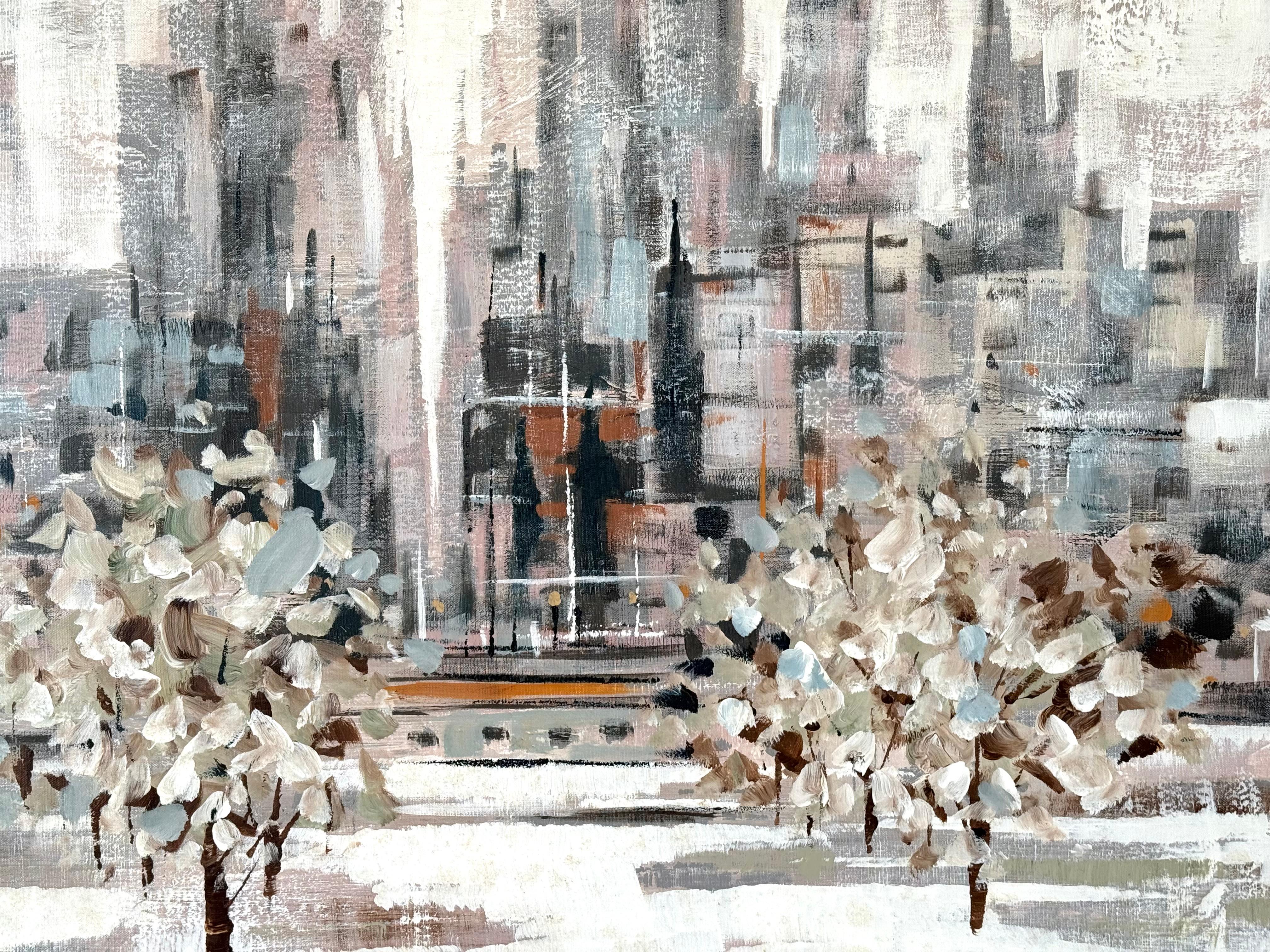 
Peinture originale à l'huile et à l'acrylique sur toile d'un paysage urbain contemporain... Signé Lee Reynolds en bas à droite. Étiquette du Studio Vanguard au verso. Circa 1975.  L'état est excellent. Le tableau est placé dans un cadre métallique