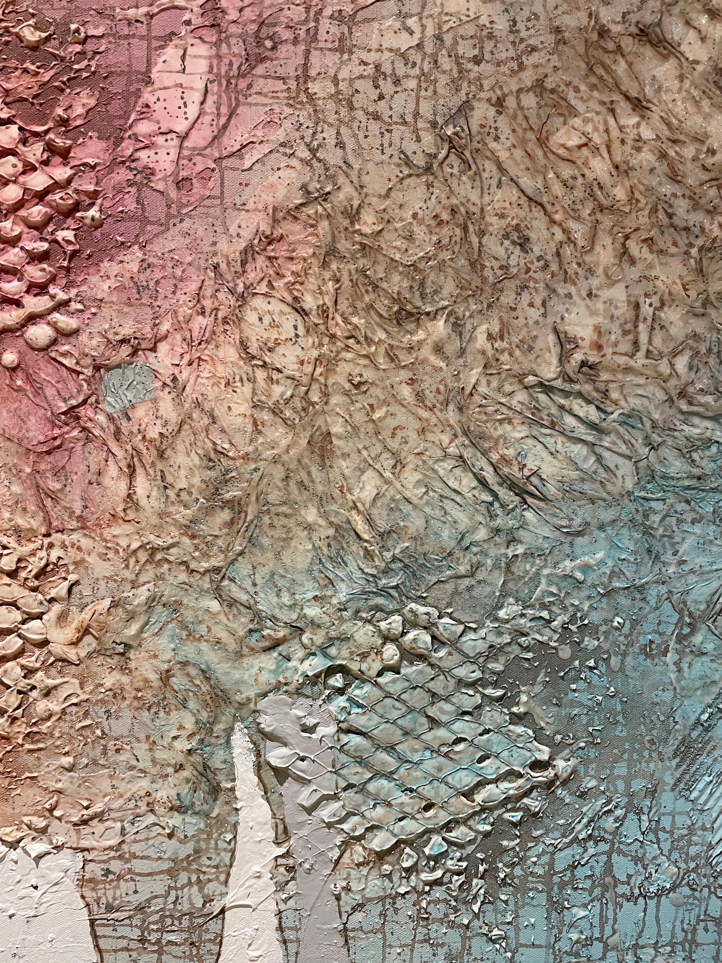 Cette très grande peinture à l'huile contemporaine de l'artiste américain Lee Reynolds Burr, datant de 1990, constitue un élément d'intérieur relaxant et joyeux. Dans cette composition abstraite colorée, la transition entre les couleurs pastel