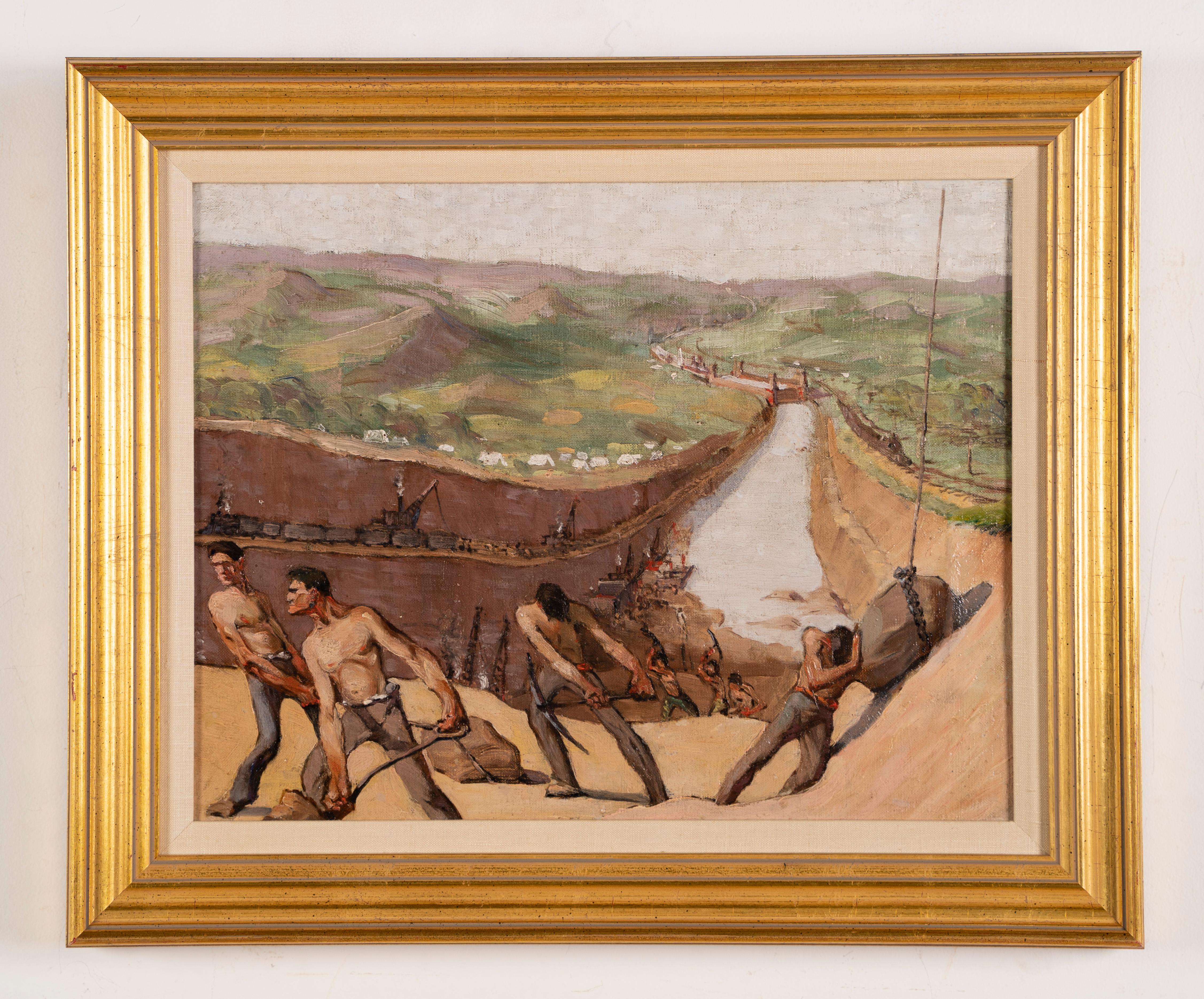 Antikes, seltenes Original-Ölgemälde, Historische Aschenbecher, Panama Canal Diggers, signiert  – Painting von Lee Roland Warthen