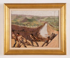 Antigua pintura al óleo histórica Ashcan Panama Canal Diggers Signed Original Rare Oil Painting