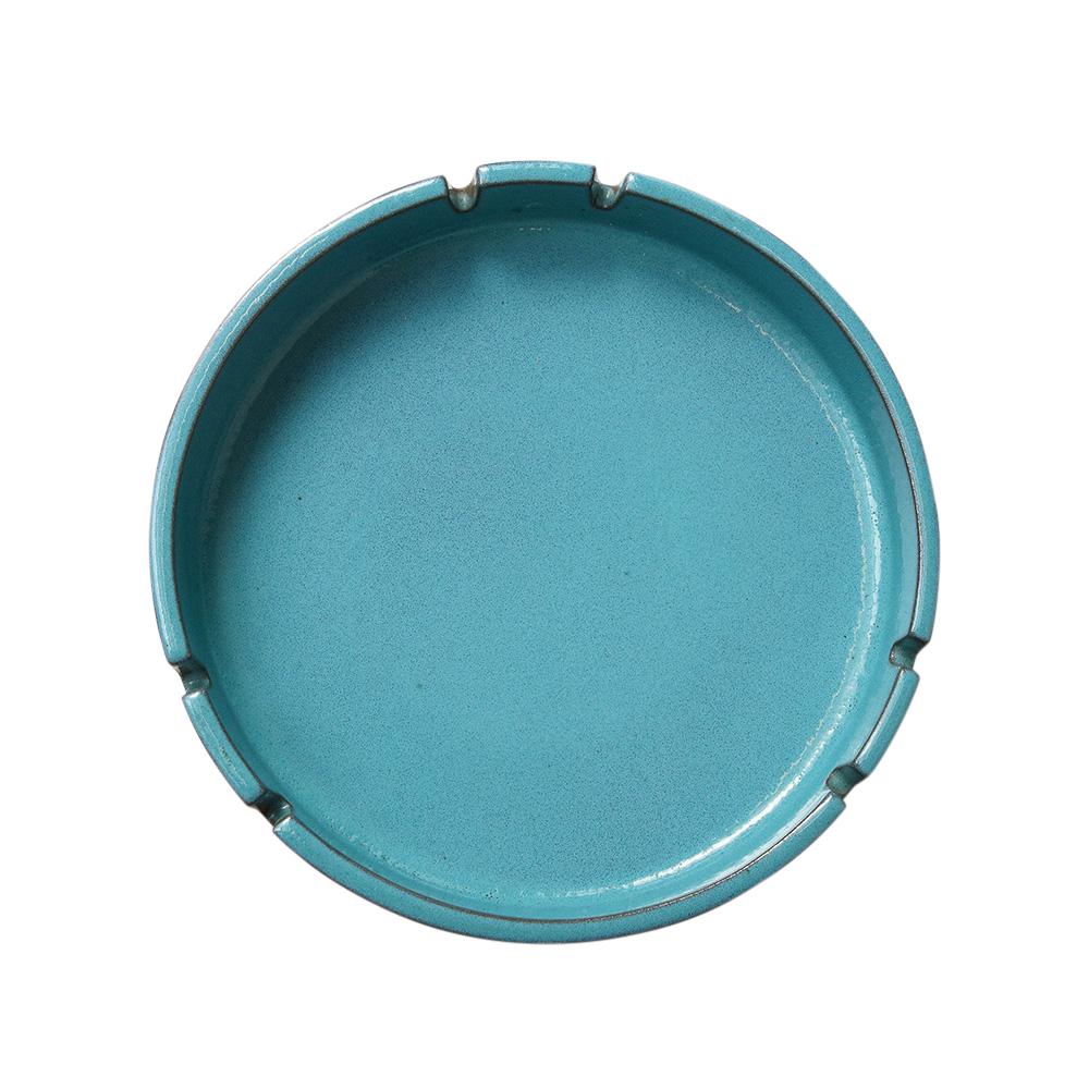 Lee Rosen Design Technics Ashtray, Ceramic, Blue, Turquoise, Brown, Signed. Medium scale, low profile, round ashtray with six cigarette rests. The bowl's interior is glazed in an eye catching blue turquoise. Signed with incised 