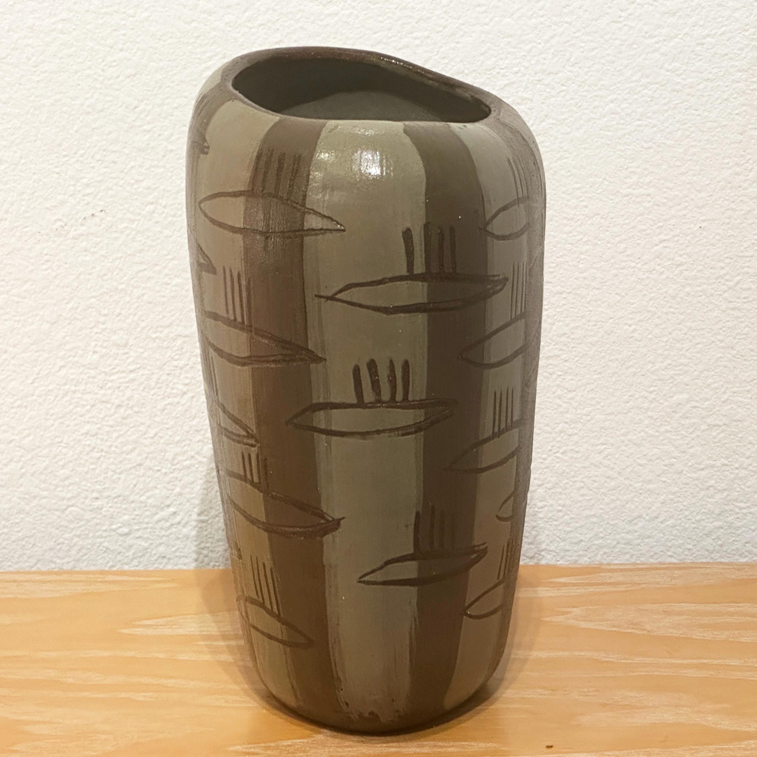 Hand-Painted Lee Rosen Design Technics Incised & Slip Decorated Abstract Design Vase ca 1950s For Sale