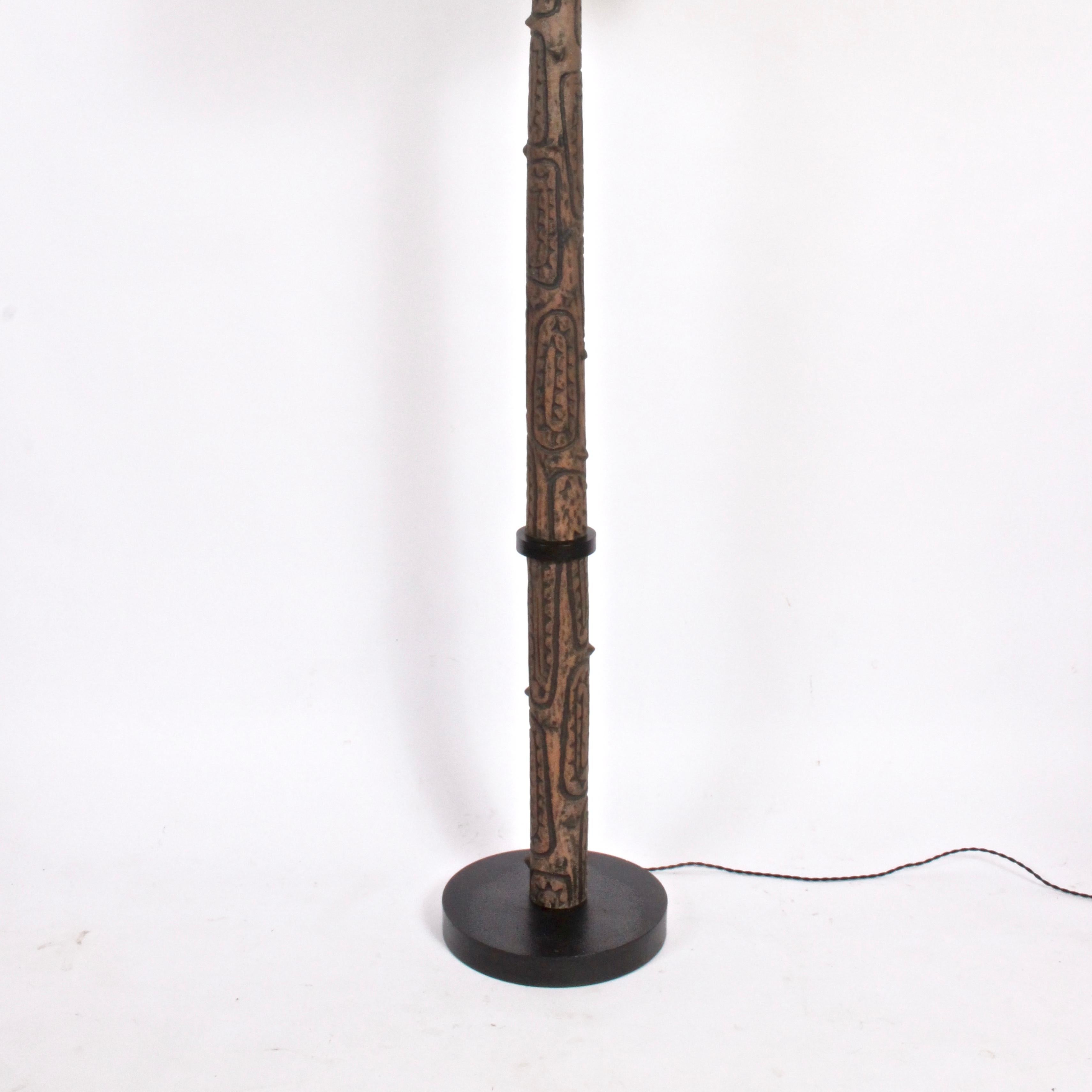 Mid-Century Modern Lee Rosen for Design-Technics Incised Cocoa & Black Pottery Floor Lamp, 1965 For Sale