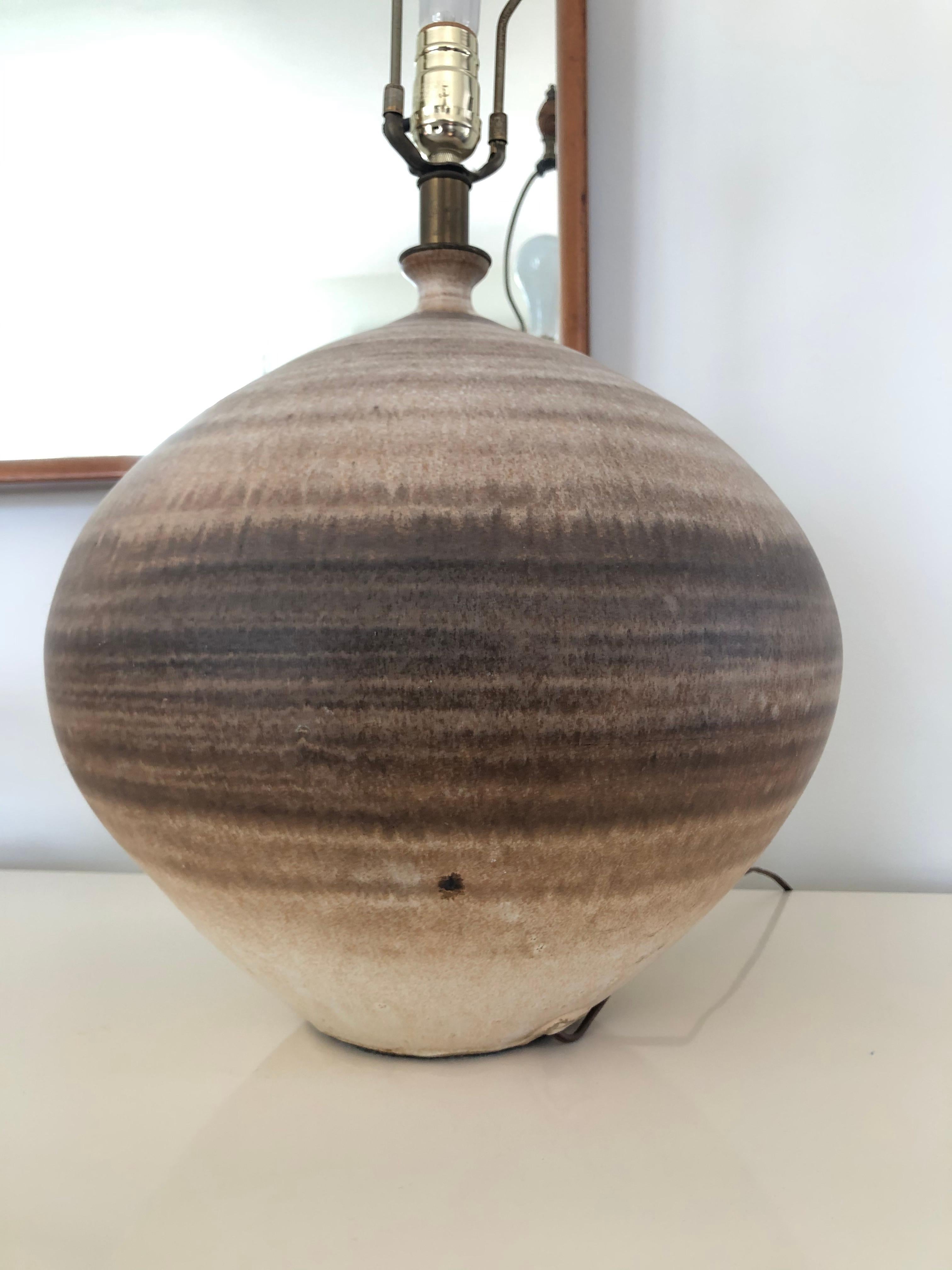 Jaw Dropping Lee Rosen for Design Technics. Beautiful natural colors creating a visual stunner. Makers mark is clear. 
Very heavy.
15” to top of pottery 19” to top of socket.
Curbside to NYC/Philly $350