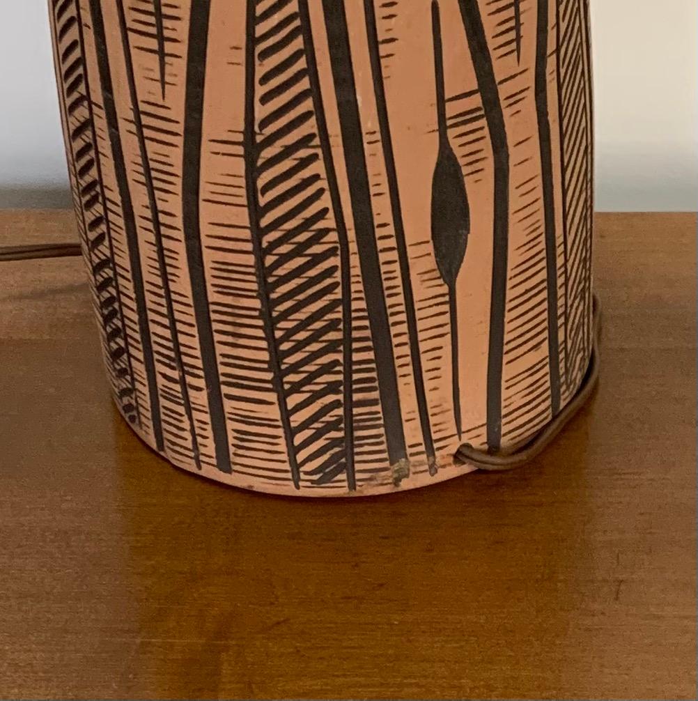 Lee Rosen for Design-Technics Terracotta Colored Lamp with Incised Black Design For Sale 2