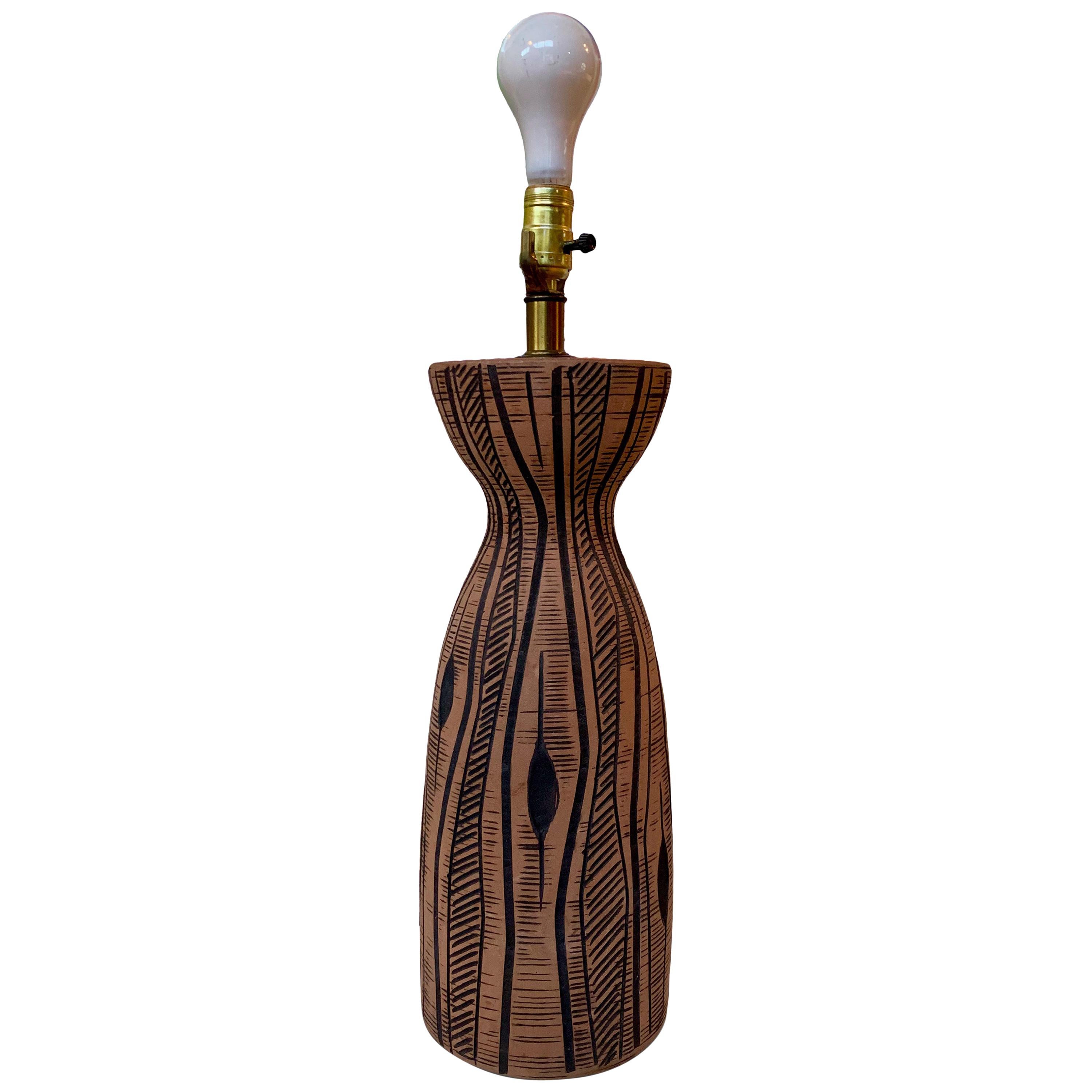 Lee Rosen for Design-Technics Terracotta Colored Lamp with Incised Black Design For Sale