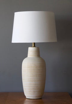 Lee Rosen, Large Table Lamps, Incised Stoneware, Brass, United States, 1950s