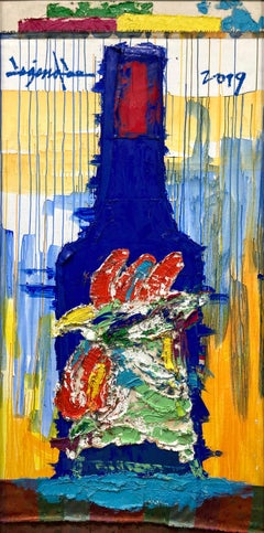 "Coq-imperial (Rooster & Blue Bottle)" Contemporary Mixed Media Painting on Wood