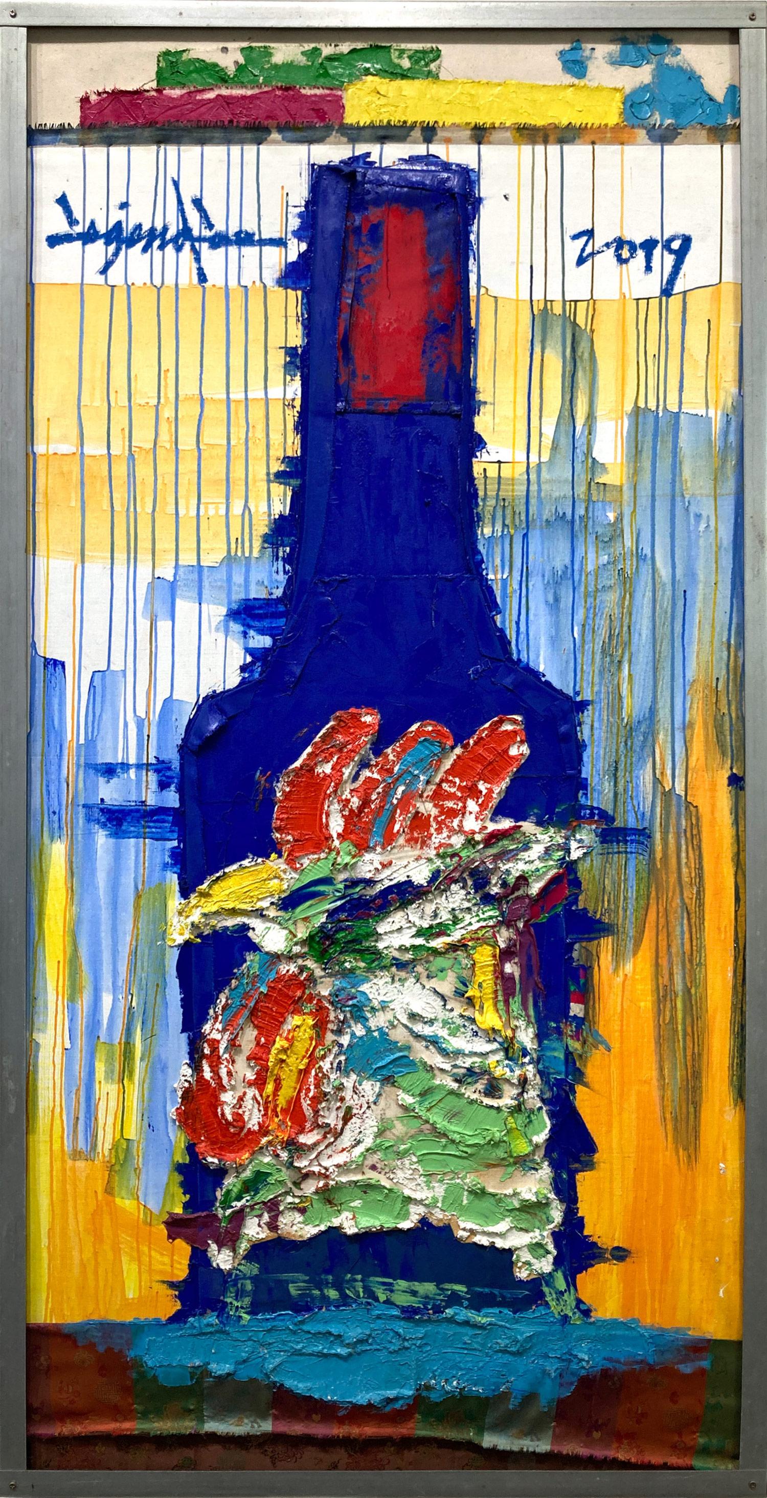 "Coq-imperial (Rooster & Blue Bottle)" Contemporary Mixed Media Painting on Wood