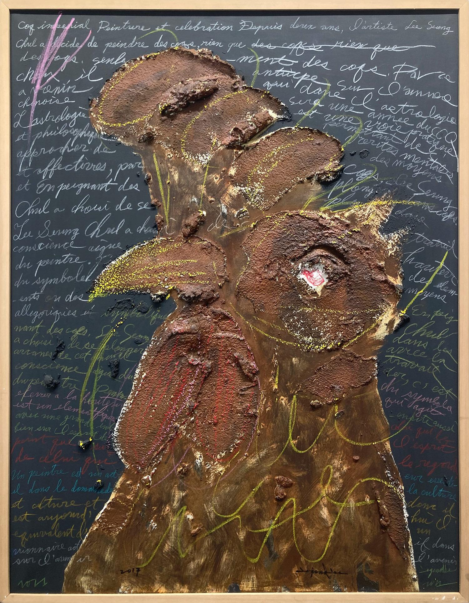 Lee Seung Chul Animal Painting – "Coq-imperial (Hahn, ich liebe Vater)" Contemporary Mixed Media Painting Gerahmt