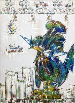 "Coq-imperial (Rooster in the City)" Contemporary Mixed Media Painting on Canvas