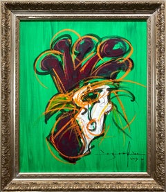 "Coq-imperial (Rooster on Green)" Contemporary Mixed Media Painting on Canvas