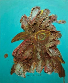 Used "Coq-imperial (Rooster on Turquoise)" Contemporary Mixed Media Painting on Panel
