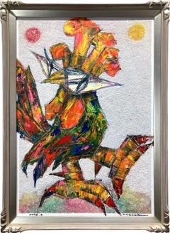 "Coq-imperial (Rooster on White & Colors)" Contemporary Painting on Laid Canvas