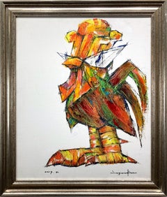 Used "Coq-imperial (Rooster on White)" Contemporary Mixed Media Painting on Canvas